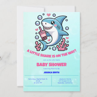 Cute Kawaii Boba Shark Pink & Blue Baby Shower Invitation