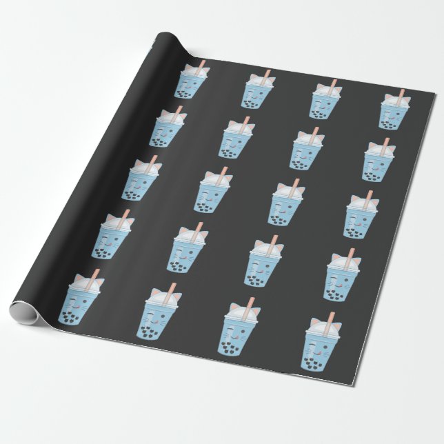 Cute Kawaii Bubble Tea Boba Milk Tea Cat Wrapping Paper (Unrolled)