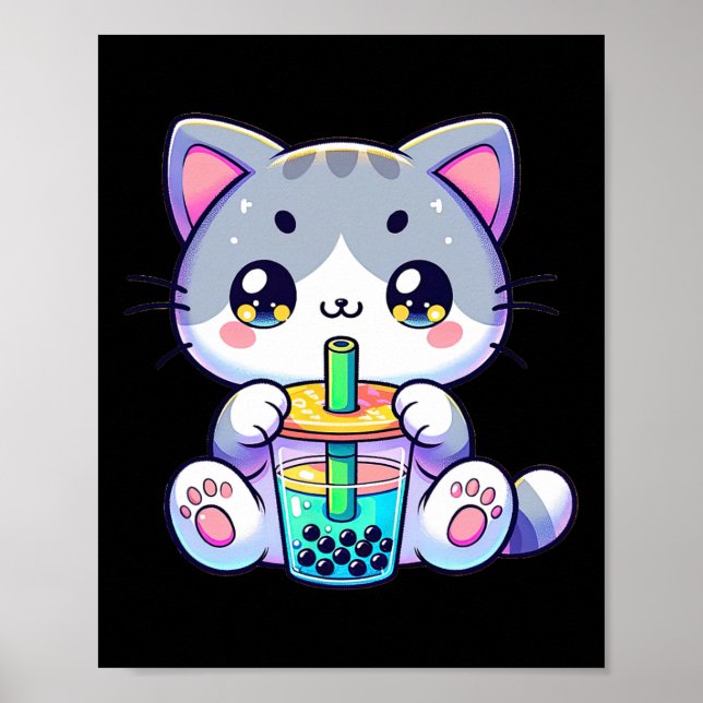 Cute Kawaii Bubble Tea Cat Japanese Kitten Anime  Poster (Front)
