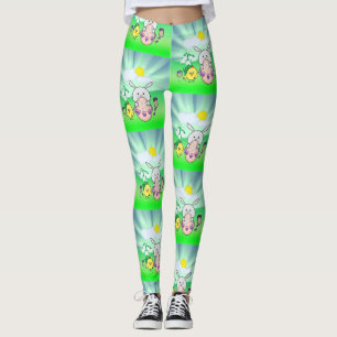 Cute Kawaii Bunny and chick Happy Easter pattern Leggings