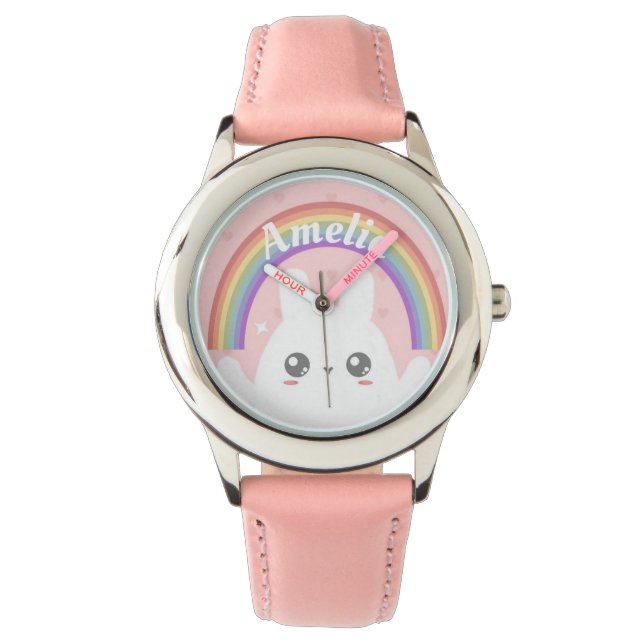 Cute Kawaii Bunny and Rainbow Personalised Watch (Front)