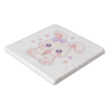 Cute Kawaii Bunny holding Pink Flower Stone Trivet