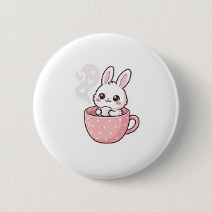 : Cute Kawaii Bunny in Teacup Button. 6 Cm Round Badge