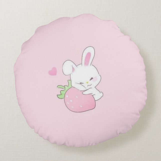 Cute Kawaii Bunny Round Throw Pillow - Pastel Pink (Back)
