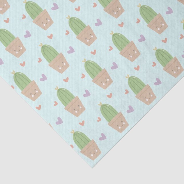 Cute Kawaii Cactus and Hearts Pattern Tissue Paper (Detail)