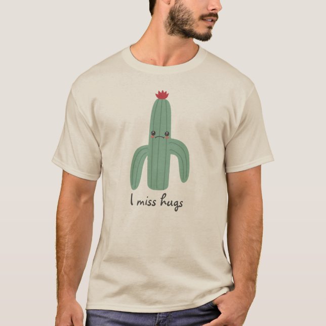 Cute Kawaii Cactus Misses Hugs T-Shirt (Front)