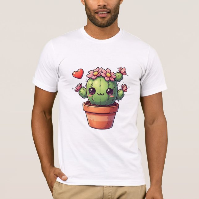 Cute Kawaii Cactus With Pink Flowers T-Shirt (Front)