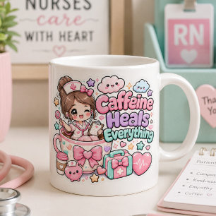 Cute Kawaii Caffeine Heals Everything Nurse Doctor Large Coffee Mug