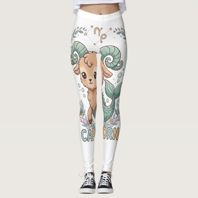 Cute Kawaii Capricorn Zodiac Sign Leggings (Front)