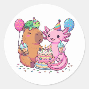 Cute Kawaii Capybara and Axolotl Birthday Party Classic Round Sticker