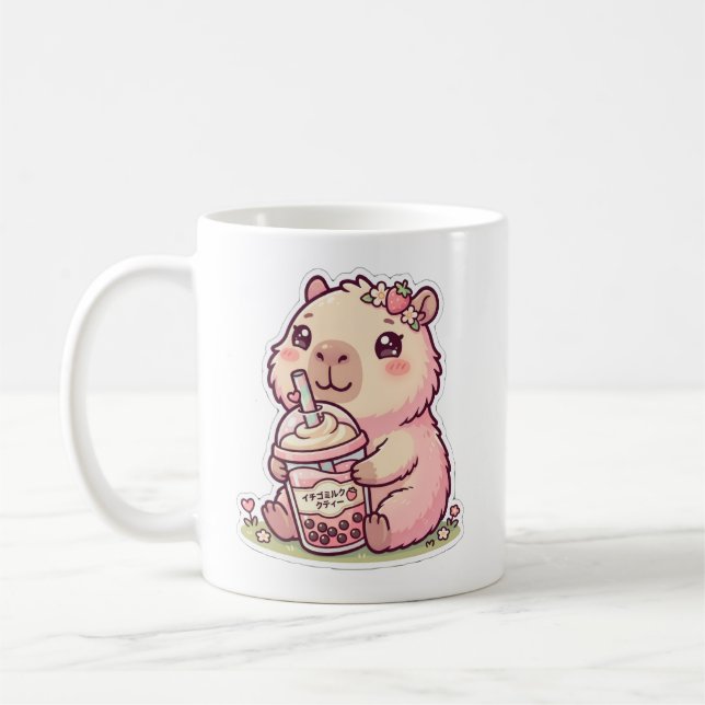Cute Kawaii Capybara Drinking Boba Tea Coffee Mug (Left)