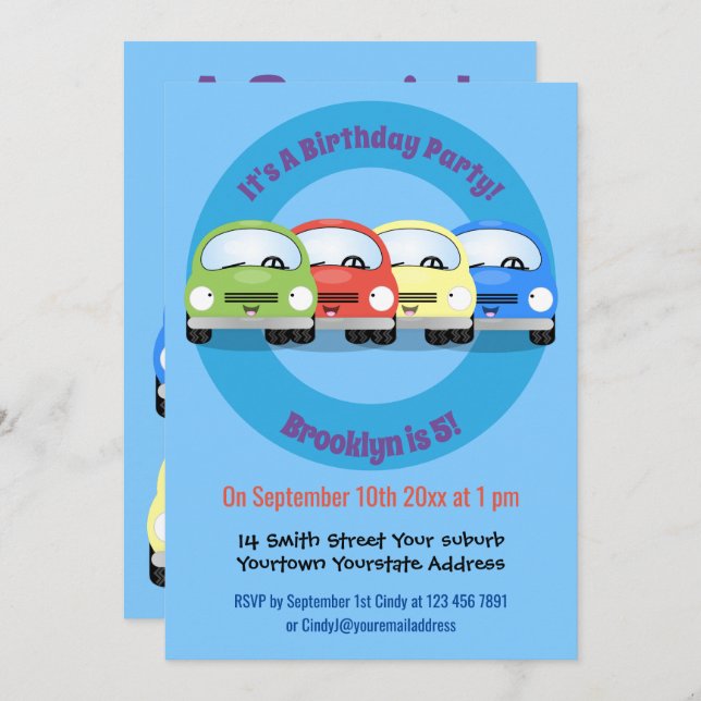 Cute kawaii cars cartoon illustration invitation (Front/Back)