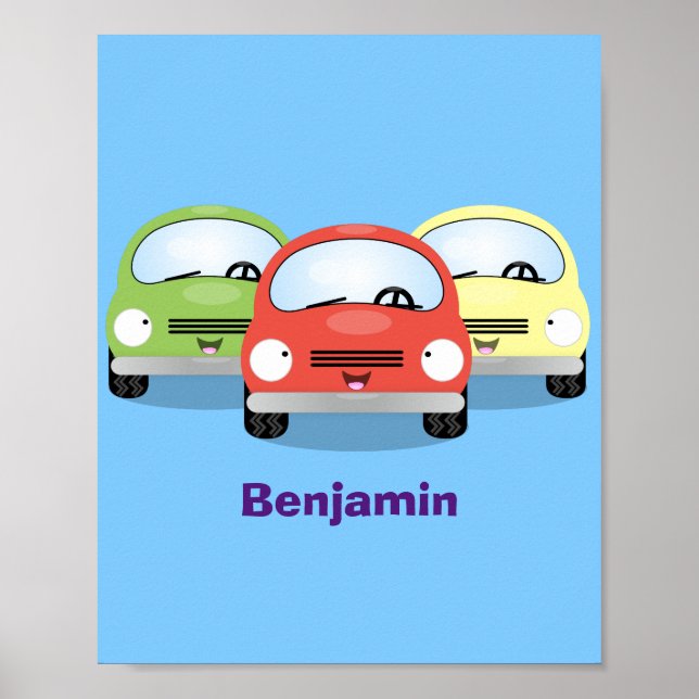 Cute kawaii cars cartoon illustration poster (Front)