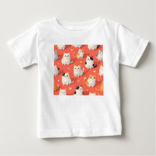 Cute Kawaii Cartoon Cat Seamless Pattern on Coral  Baby T-Shirt