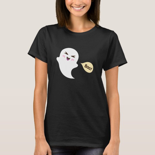 Cute kawaii cartoon ghost saying boo Halloween T-Shirt (Front)