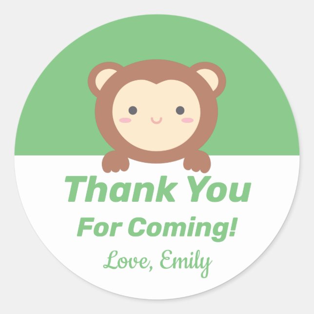 Cute Kawaii Cartoon Monkey Thank You For Coming Classic Round Sticker (Front)