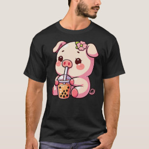 Cute Kawaii Cartoon Pig Drinking Bubble Tea Kids,  T-Shirt
