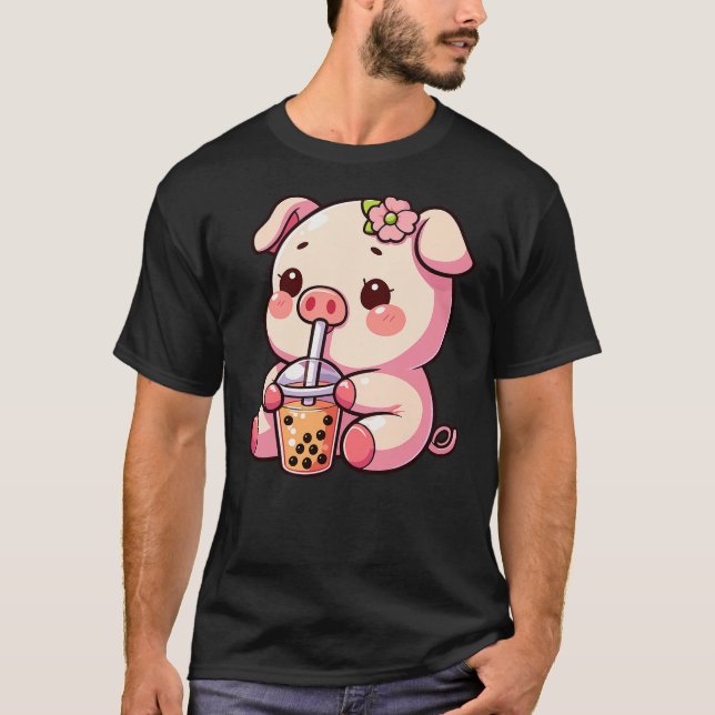 Cute Kawaii Cartoon Pig Drinking Bubble Tea Kids,  T-Shirt (Front)