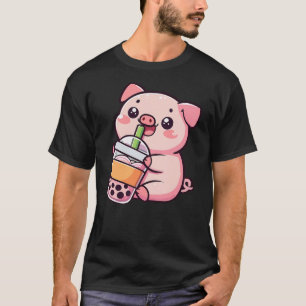 Cute Kawaii Cartoon Pig Drinking Bubble Tea T-Shirt