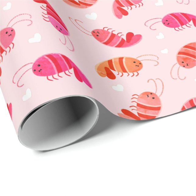 Cute Kawaii Cartoon Shrimp & Hearts Wrapping Paper (Roll Corner)