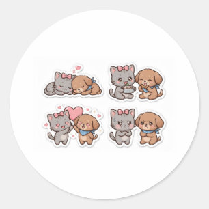 Cute Kawaii Cat and Dog Best Friends Sticker - Gre