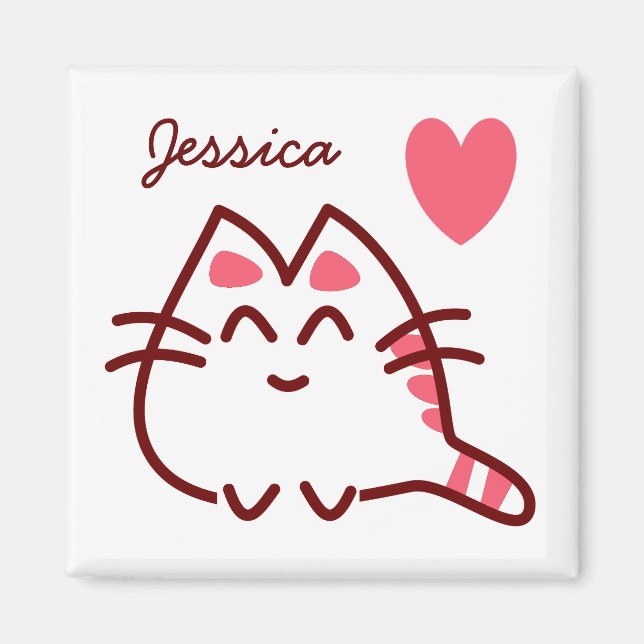 Cute Kawaii Cat and Heart Personalised Magnet (Front)