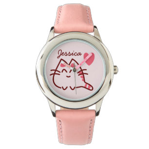 Cute Kawaii Cat and Heart Personalised Watch