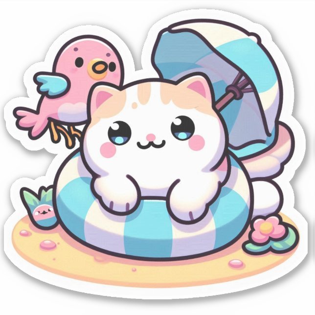 Cute kawaii cat at beach (Front)