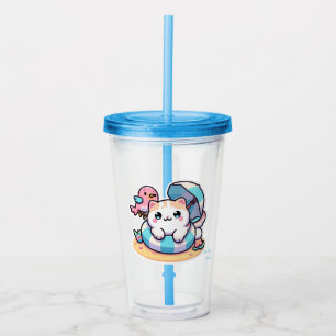 Cute kawaii cat at beach acrylic tumbler