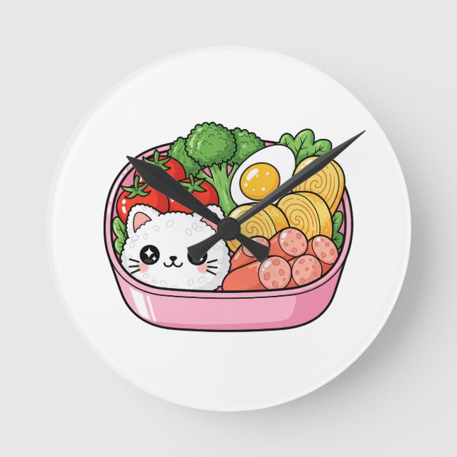 Cute Kawaii Cat Bento Box Round Clock (Front)
