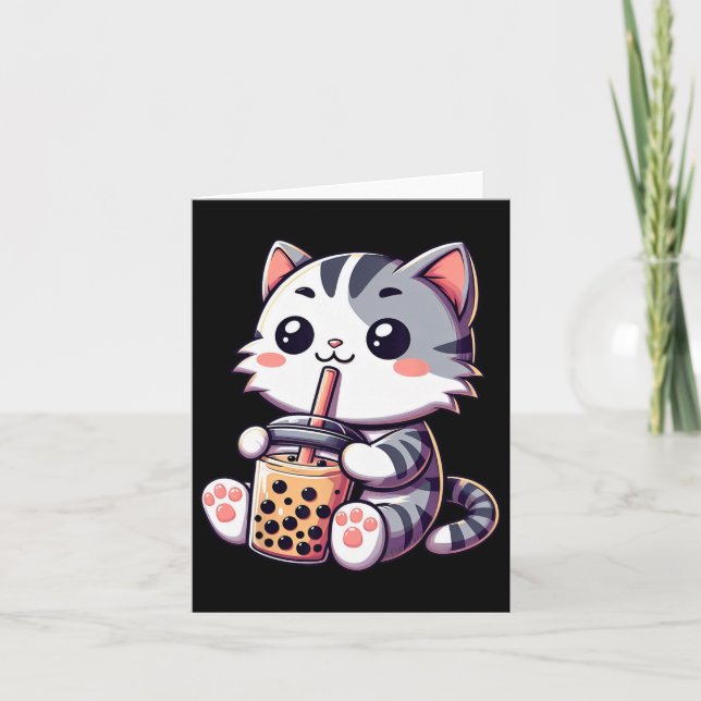 Cute Kawaii Cat Boba Bubble Milk Tea Anime Neko Ki Card (Front)