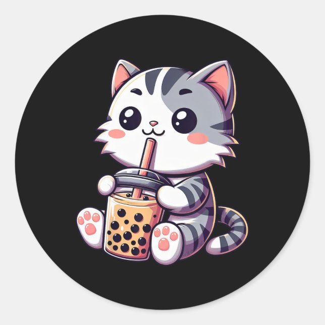 Cute Kawaii Cat Boba Bubble Milk Tea Anime Neko Ki Classic Round Sticker (Front)