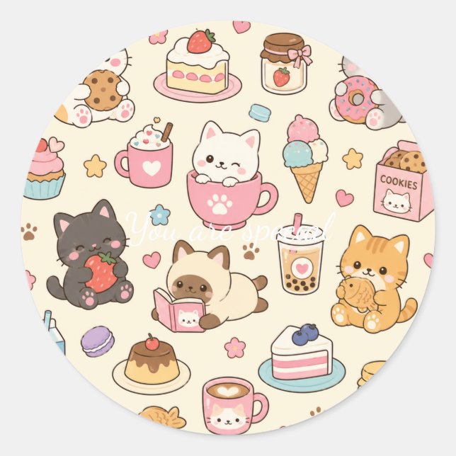 Cute Kawaii Cat Café Pattern | Coffee and Dessert  Classic Round Sticker (Front)