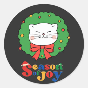 Cute Kawaii Cat Christmas Wreath Season of Joy Classic Round Sticker