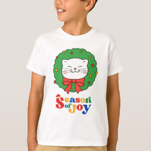 Cute Kawaii Cat Christmas Wreath Season of Joy T-Shirt