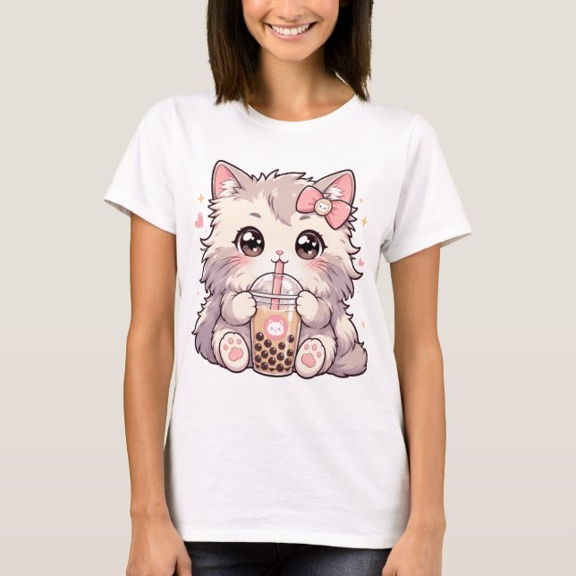 Cute Kawaii Cat Drinking Boba Bubble Tea T-Shirt (Front)