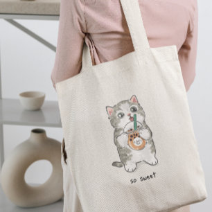 Cute Kawaii cat Drinking Boba Tea Tote Bag