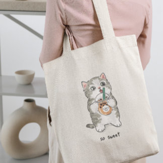 Cute Kawaii cat Drinking Boba Tea Tote Bag