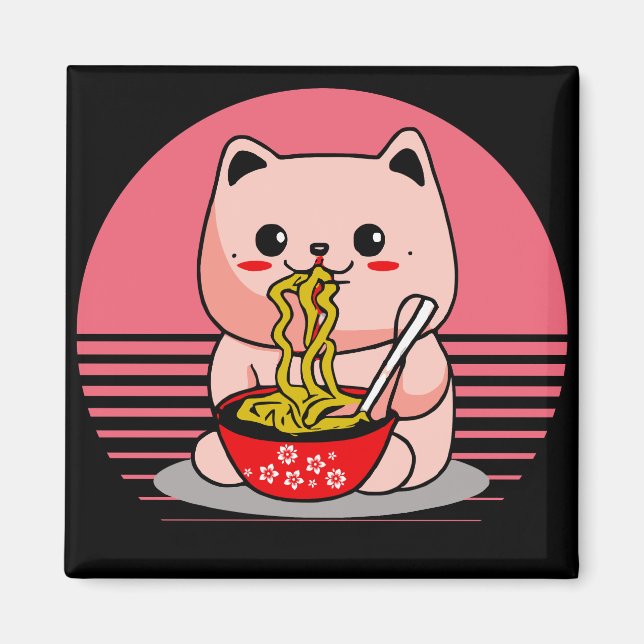 Cute Kawaii cat eating ramen Magnet (Front)