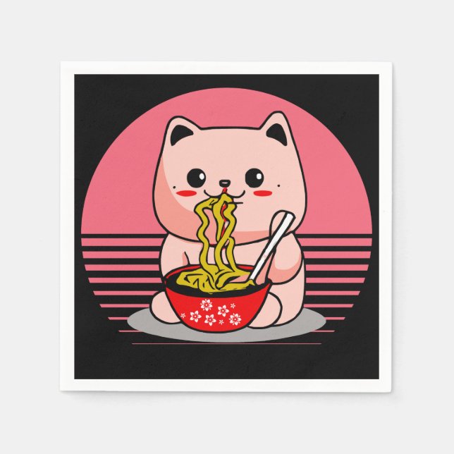Cute Kawaii cat eating ramen Napkin (Front)