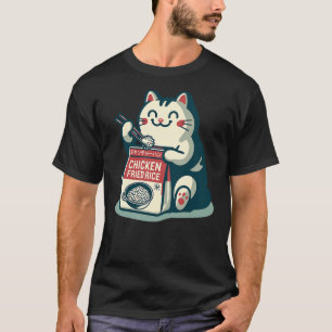 cute kawaii cat eats chicken fried rice japanese f T-Shirt