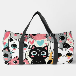 Cute Kawaii Cat Faces and Hearts Whimsical Duffle Bag