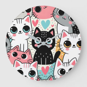 Cute Kawaii Cat Faces and Hearts Whimsical Large Clock