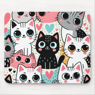 Cute Kawaii Cat Faces and Hearts Whimsical Mouse Pad