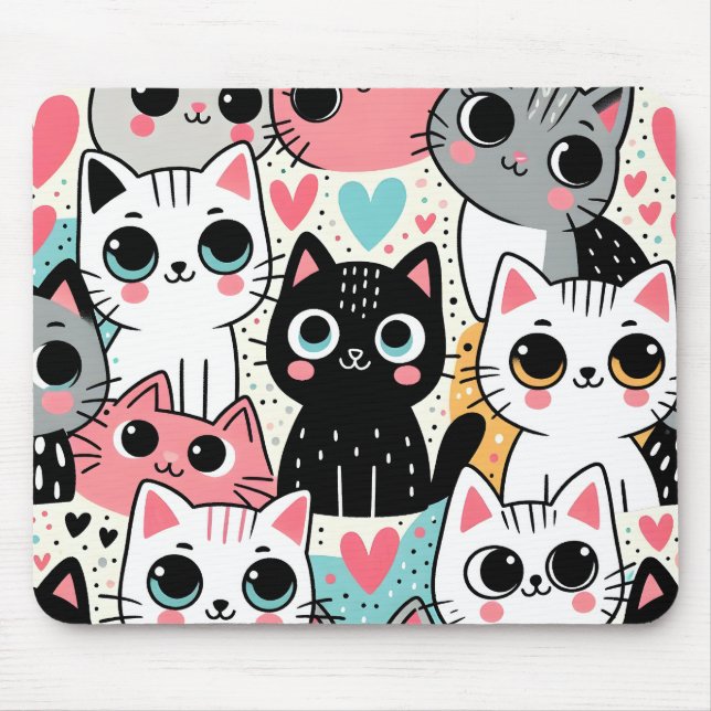 Cute Kawaii Cat Faces and Hearts Whimsical Mouse Pad (Front)