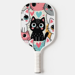 Cute Kawaii Cat Faces and Hearts Whimsical Pickleball Paddle