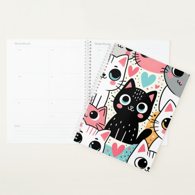 Cute Kawaii Cat Faces and Hearts Whimsical Planner (Display)
