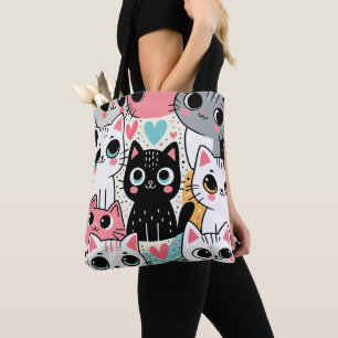 Cute Kawaii Cat Faces and Hearts Whimsical Tote Bag