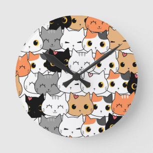 Cute Kawaii Cat Faces Pattern Round Clock