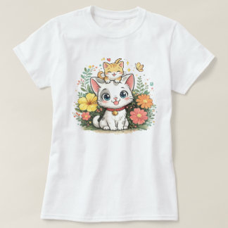 Cute Kawaii Cat Floral Illustration | Adorable Kit T-Shirt